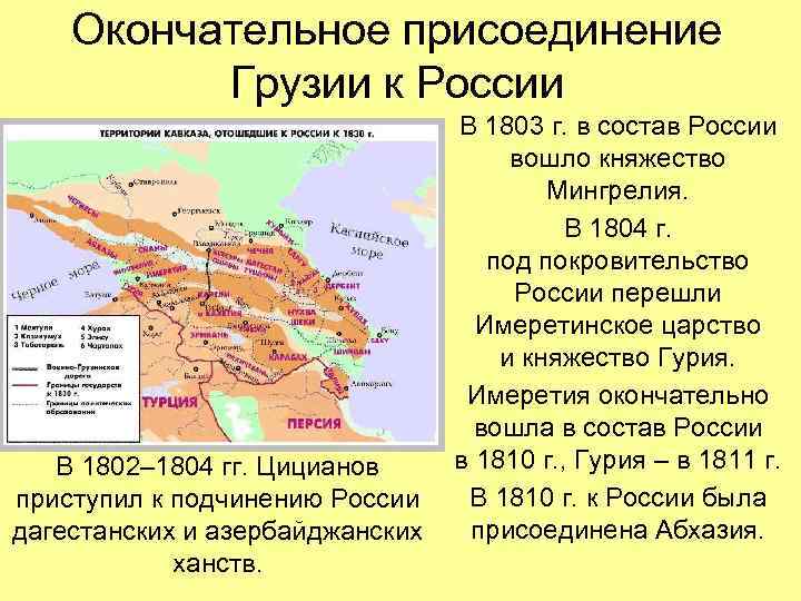 Окончательное присоединение Грузии к России В 1802– 1804 гг. Цицианов приступил к подчинению России