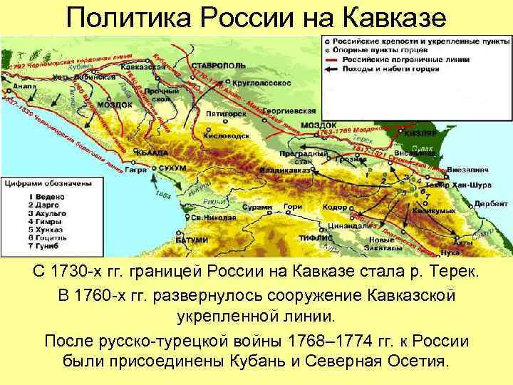 Политика России на Кавказе С 1730 -х гг. границей России на Кавказе стала р.