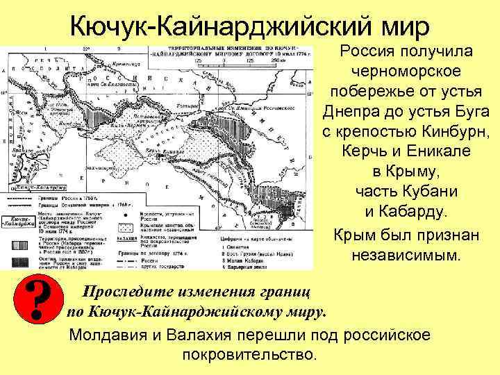 Кючук-Кайнарджийский мир Россия получила черноморское побережье от устья Днепра до устья Буга с крепостью