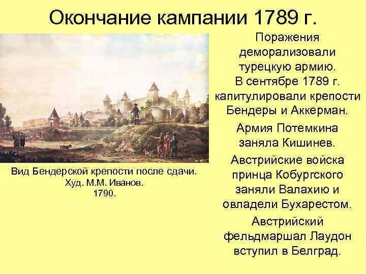 Окончание кампании 1789 г. Вид Бендерской крепости после сдачи. Худ. М. М. Иванов. 1790.