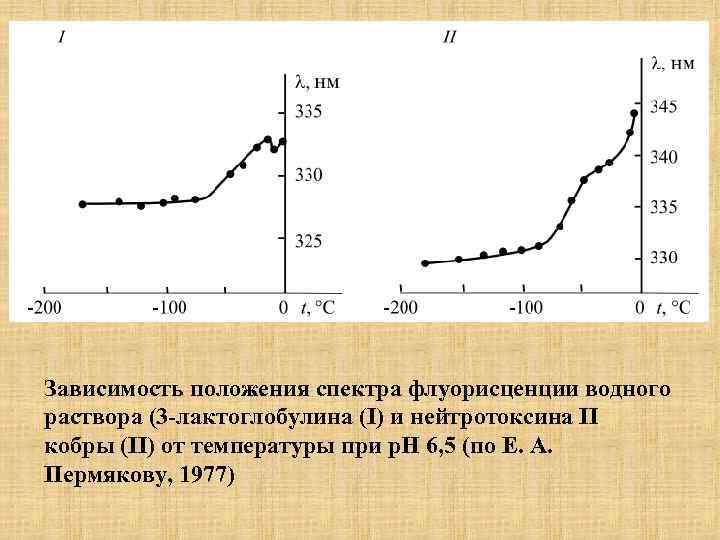 Зависимость положения спектра флуорисценции водного раствора (3 -лактоглобулина (I) и нейтротоксина II кобры (II)