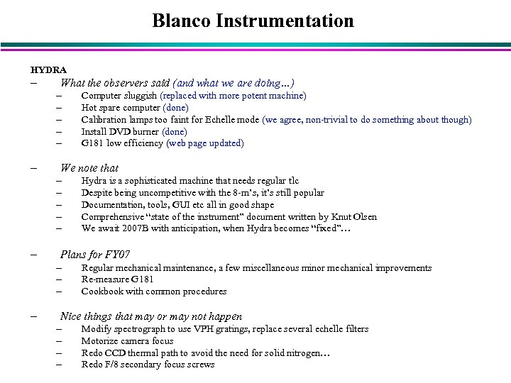 Blanco Instrumentation HYDRA – What the observers said (and what we are doing…) –