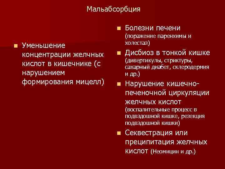 Мальабсорбция n n Уменьшение концентрации желчных кислот в кишечнике (с нарушением формирования мицелл) Болезни