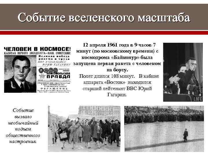 Событие вселенского масштаба 12 апреля 1961 года в 9 часов 7 минут (по московскому