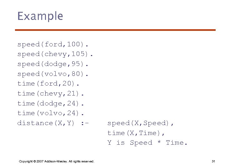 Example speed(ford, 100). speed(chevy, 105). speed(dodge, 95). speed(volvo, 80). time(ford, 20). time(chevy, 21). time(dodge,