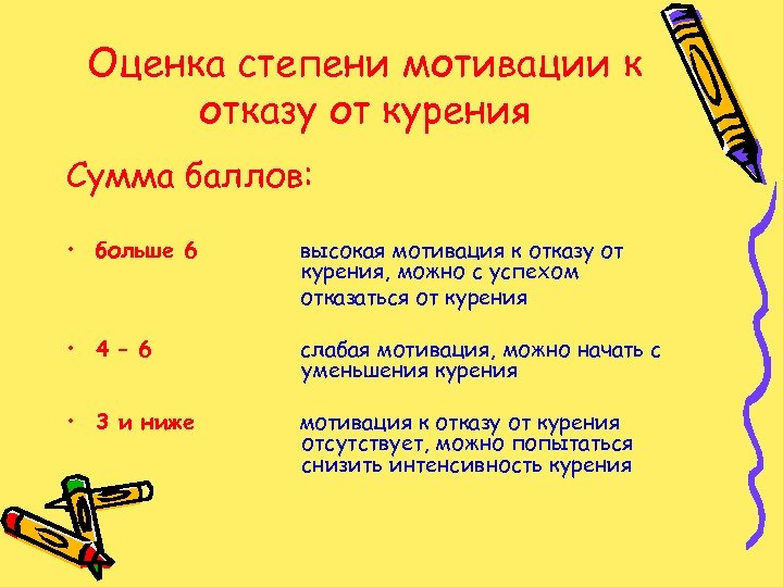 Оценка степени мотивации к отказу от курения Сумма баллов: • больше 6 высокая мотивация