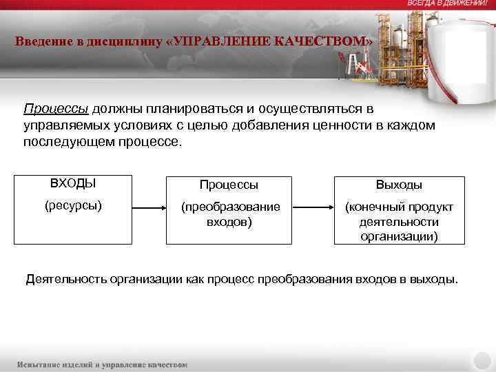 Введение в дисциплину «УПРАВЛЕНИЕ КАЧЕСТВОМ» Процессы должны планироваться и осуществляться в управляемых условиях с