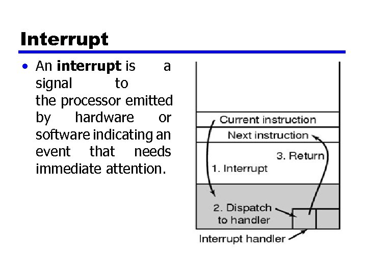Interrupt • An interrupt is a signal to the processor emitted by hardware or
