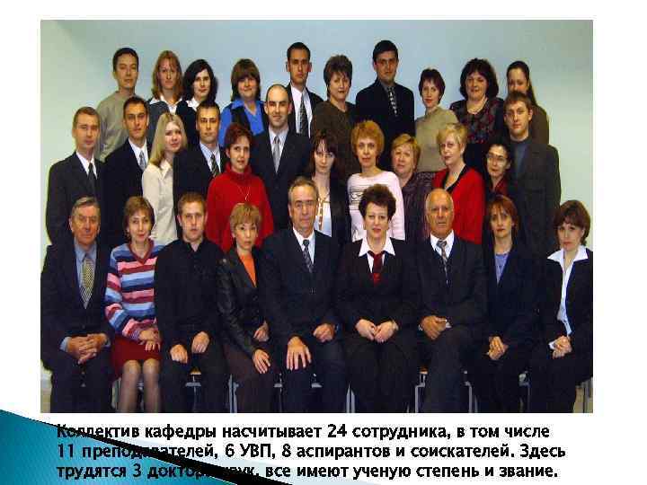 Коллектив кафедры насчитывает 24 сотрудника, в том числе 11 преподавателей, 6 УВП, 8 аспирантов