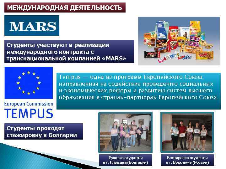 МЕЖДУНАРОДНАЯ ДЕЯТЕЛЬНОСТЬ Студенты участвуют в реализации международного контракта с транснациональной компанией «MARS» Tempus —