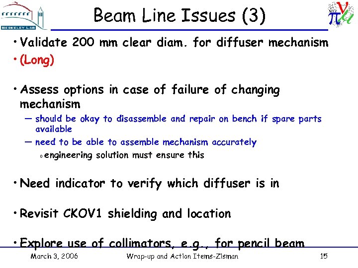 Beam Line Issues (3) • Validate 200 mm clear diam. for diffuser mechanism •