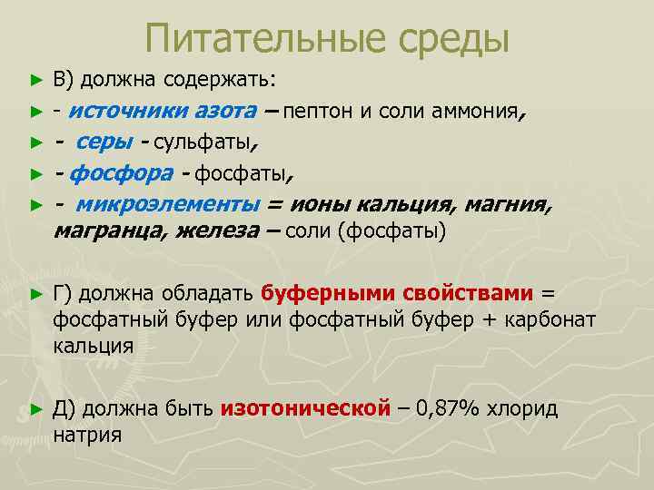 Питательные среды В) должна содержать: ► - источники азота – пептон и соли аммония,