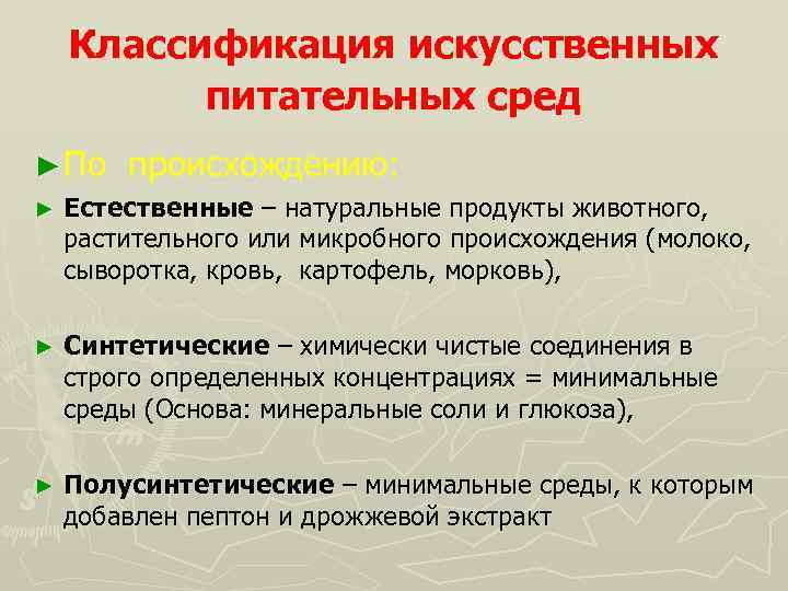 Классификация искусственных питательных сред ► По происхождению: ► Естественные – натуральные продукты животного, растительного