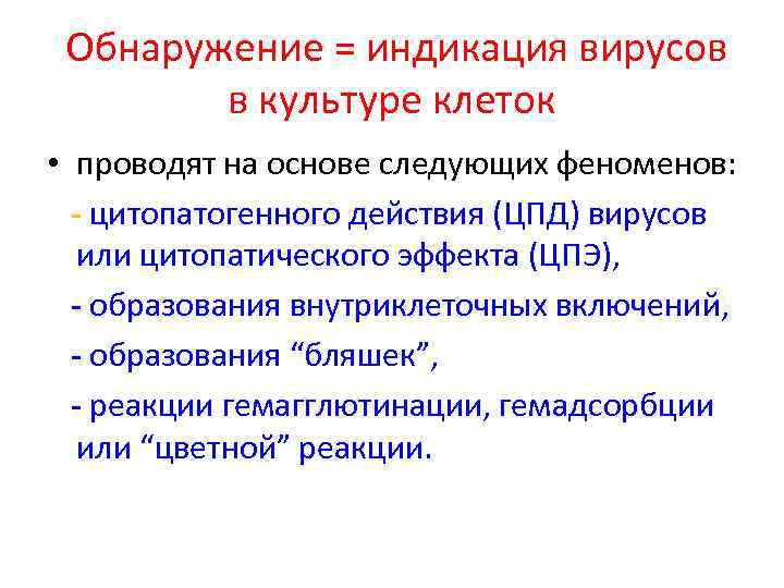  Обнаружение = индикация вирусов в культуре клеток • проводят на основе следующих феноменов: