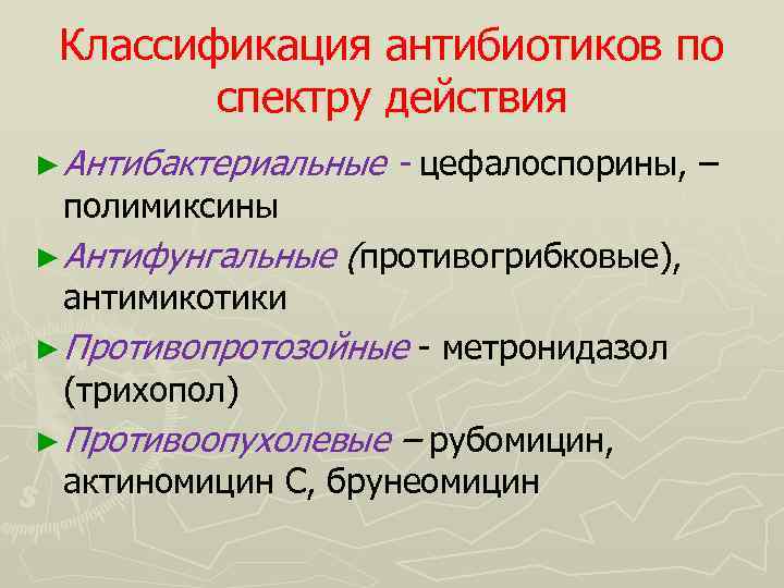 Классификация антибиотиков по спектру действия ► Антибактериальные полимиксины ► Антифунгальные антимикотики - цефалоспорины, –