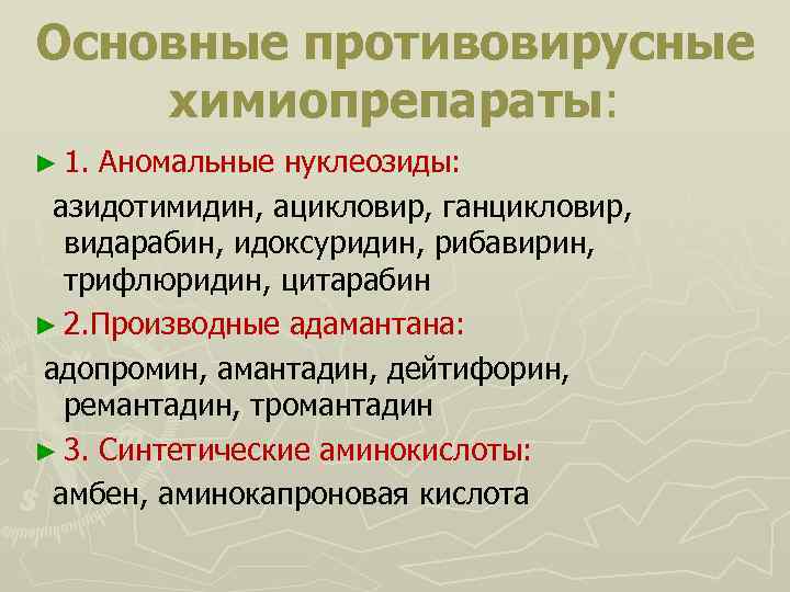 Основные противовирусные химиопрепараты: ► 1. Аномальные нуклеозиды: азидотимидин, ацикловир, ганцикловир, видарабин, идоксуридин, рибавирин, трифлюридин,