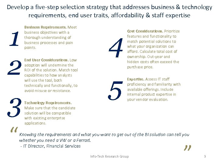 Develop a five-step selection strategy that addresses business & technology requirements, end user traits,