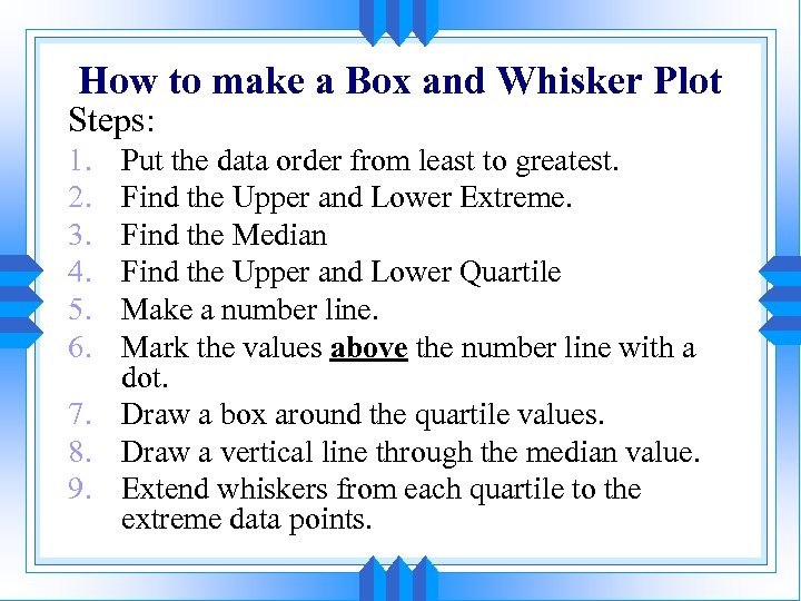 How to make a Box and Whisker Plot Steps: 1. 2. 3. 4. 5.