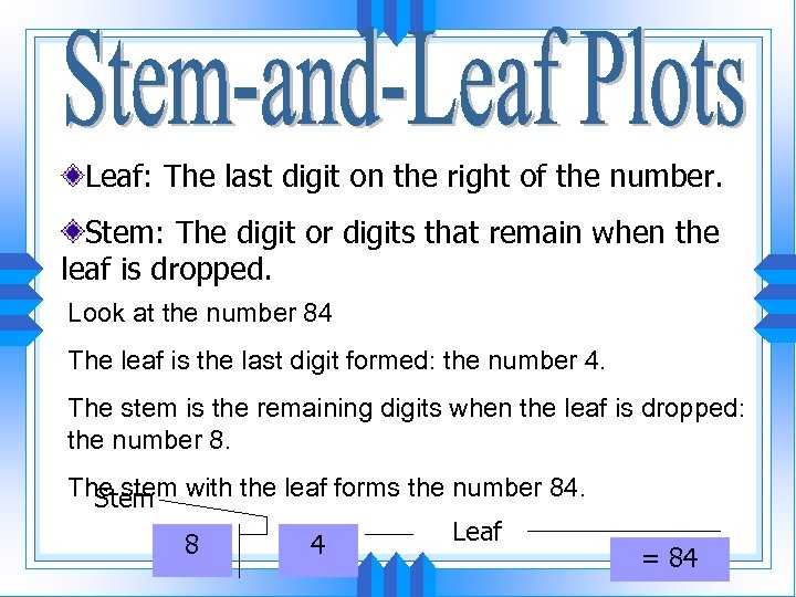 Leaf: The last digit on the right of the number. Stem: The digit or