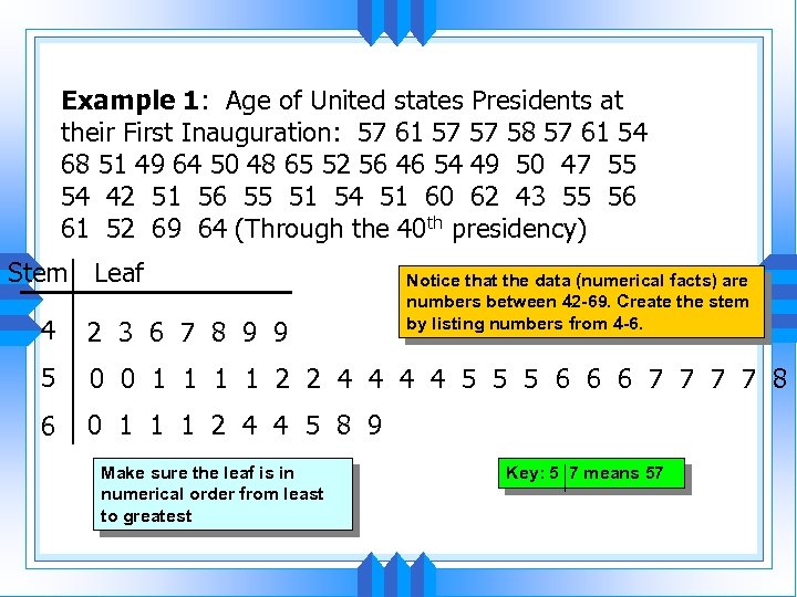 Example 1: Age of United states Presidents at their First Inauguration: 57 61 57