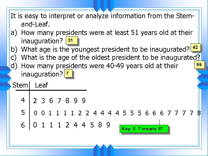 It is easy to interpret or analyze information from the Stemand-Leaf. a) How many