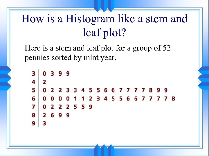 How is a Histogram like a stem and leaf plot? Here is a stem