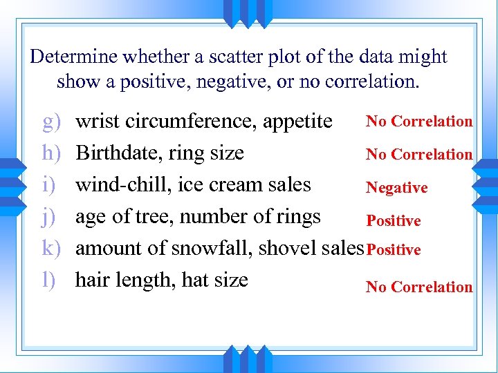 Determine whether a scatter plot of the data might show a positive, negative, or