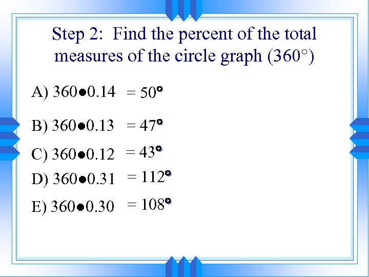 Step 2: Find the percent of the total measures of the circle graph (360