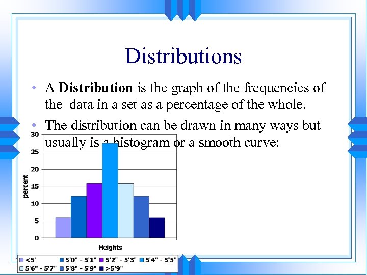 Distributions • A Distribution is the graph of the frequencies of the data in