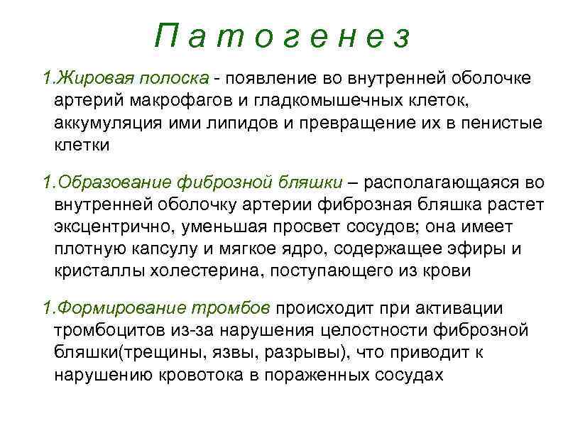 Патогенез 1. Жировая полоска - появление во внутренней оболочке артерий макрофагов и гладкомышечных клеток,