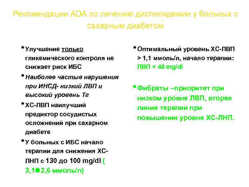 Рекомендации ADA по лечению дислипидемии у больных с сахарным диабетом • Улучшение только гликемического