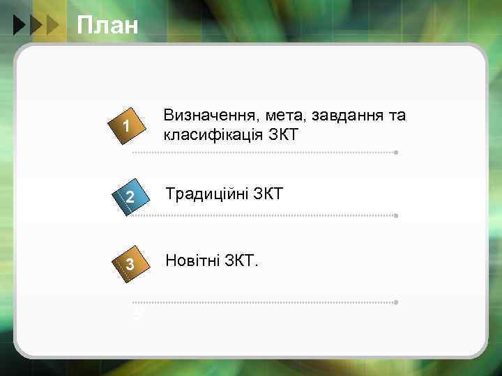 План 1 Визначення, мета, завдання та класифікація ЗКТ 2 Традиційні ЗКТ 3 Новітні ЗКТ.