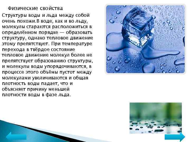 Физические свойства Структуры воды и льда между собой очень похожи. В воде, как и