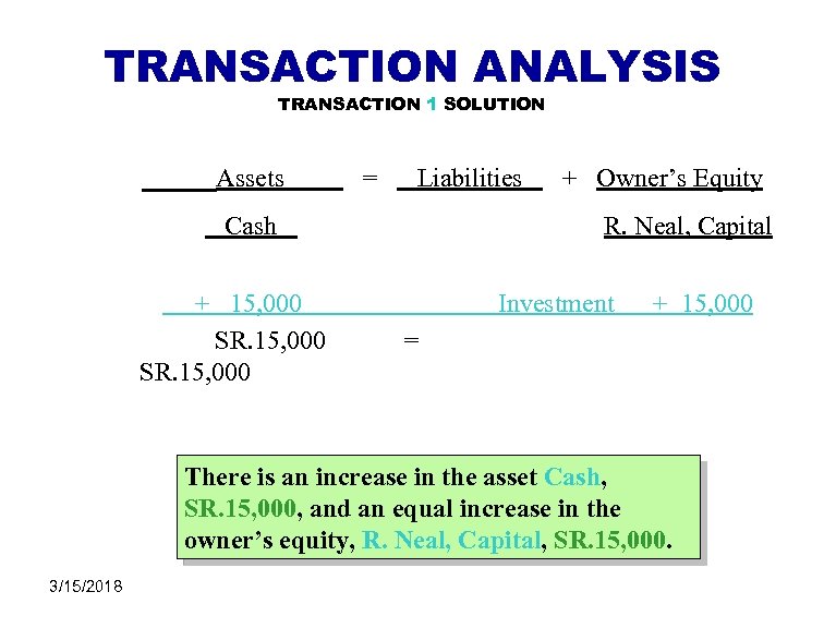 TRANSACTION ANALYSIS TRANSACTION 1 SOLUTION Assets = Liabilities Cash + 15, 000 SR. 15,