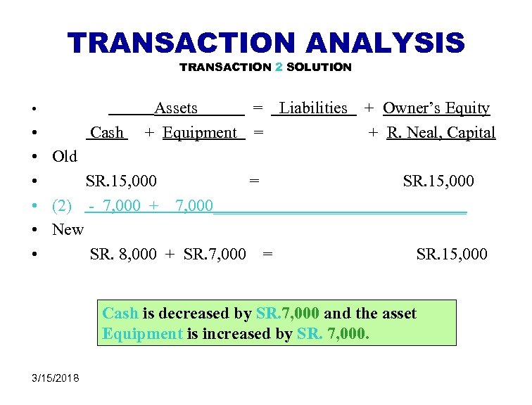 TRANSACTION ANALYSIS TRANSACTION 2 SOLUTION • Assets = Liabilities + Equipment = + Owner’s