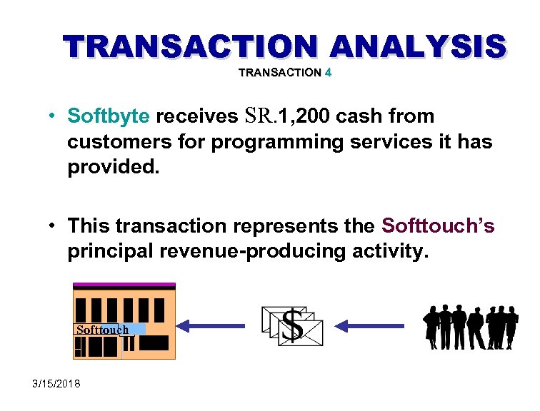 TRANSACTION ANALYSIS TRANSACTION 4 • Softbyte receives SR. 1, 200 cash from customers for