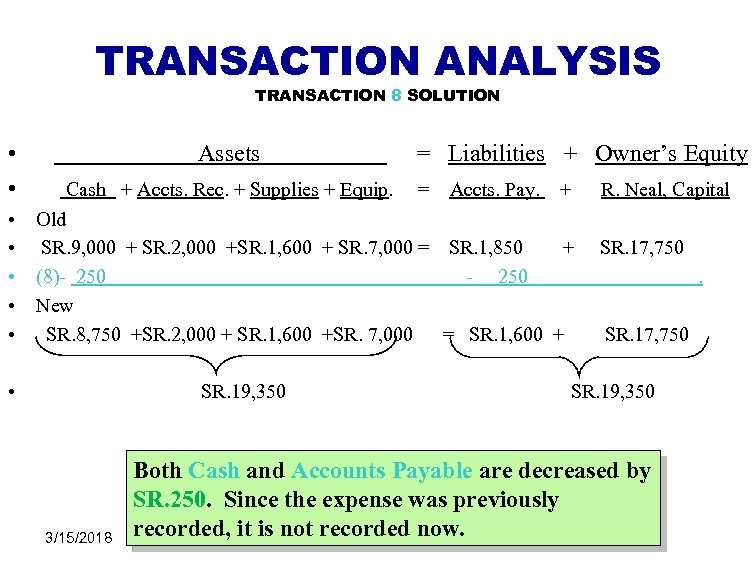 TRANSACTION ANALYSIS TRANSACTION 8 SOLUTION • • Assets Cash + Accts. Rec. + Supplies