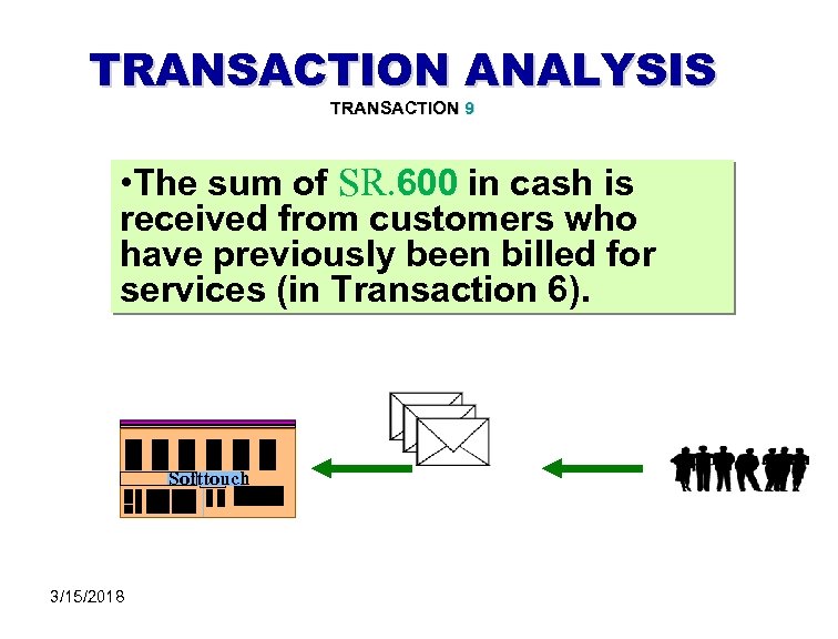 TRANSACTION ANALYSIS TRANSACTION 9 • The sum of SR. 600 in cash is received