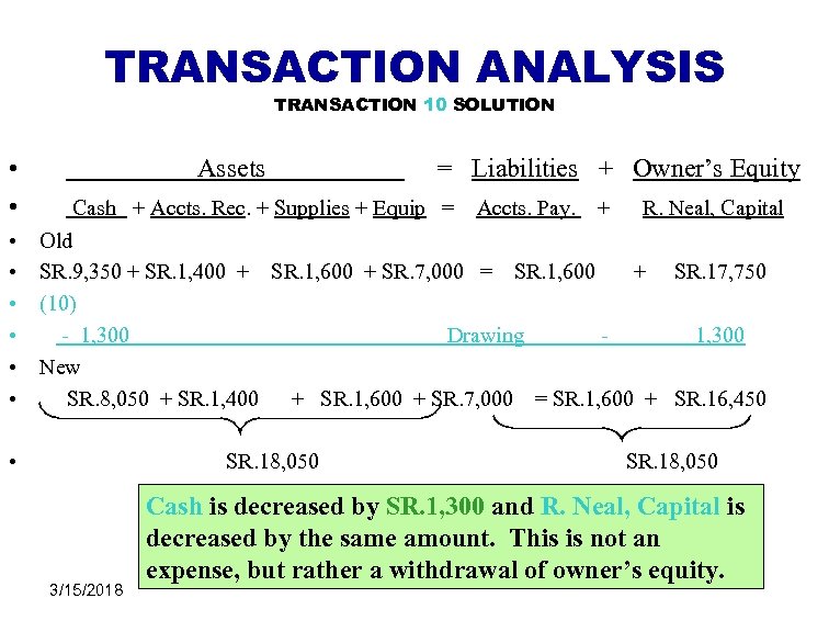 TRANSACTION ANALYSIS TRANSACTION 10 SOLUTION • • Assets = Liabilities + Owner’s Equity Cash