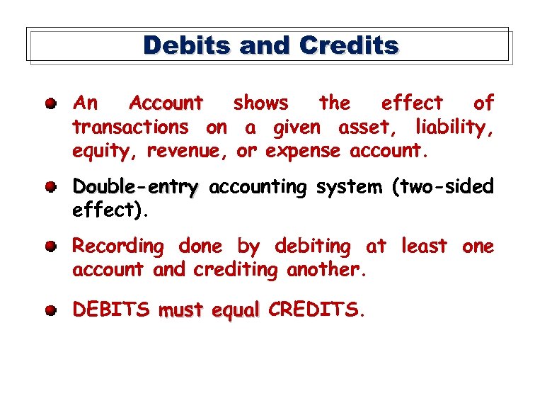 Debits and Credits An Account shows the effect of transactions on a given asset,