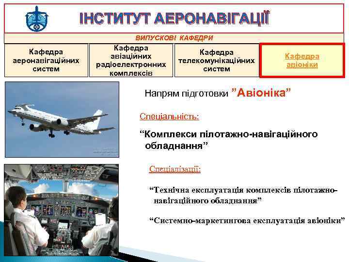 ІНСТИТУТ АЕРОНАВІГАЦІЇ ВИПУСКОВІ КАФЕДРИ Кафедра аеронавігаційних систем Кафедра авіаційних радіоелектронних комплексів Кафедра телекомунікаційних систем