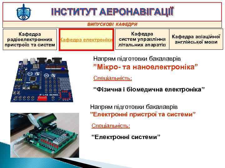 ІНСТИТУТ АЕРОНАВІГАЦІЇ ВИПУСКОВІ КАФЕДРИ Кафедра радіоелектронних Кафедра електроніки пристроїв та систем Кафедра авіаційної систем