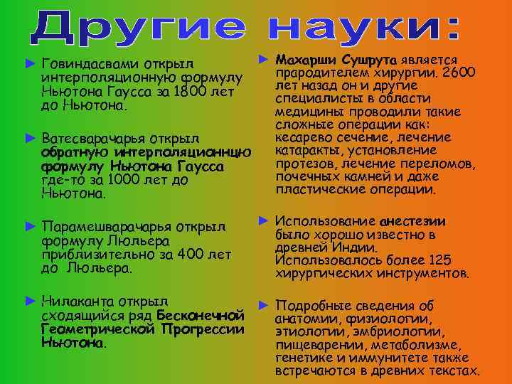 ► Махарши Сушрута является ► Говиндасвами открыл прародителем хирургии. 2600 интерполяционную формулу лет назад