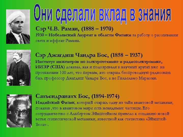 Сэр Ч. В. Раман, (1888 – 1970) 1930 – Нобелевский Лауреат в области Физики