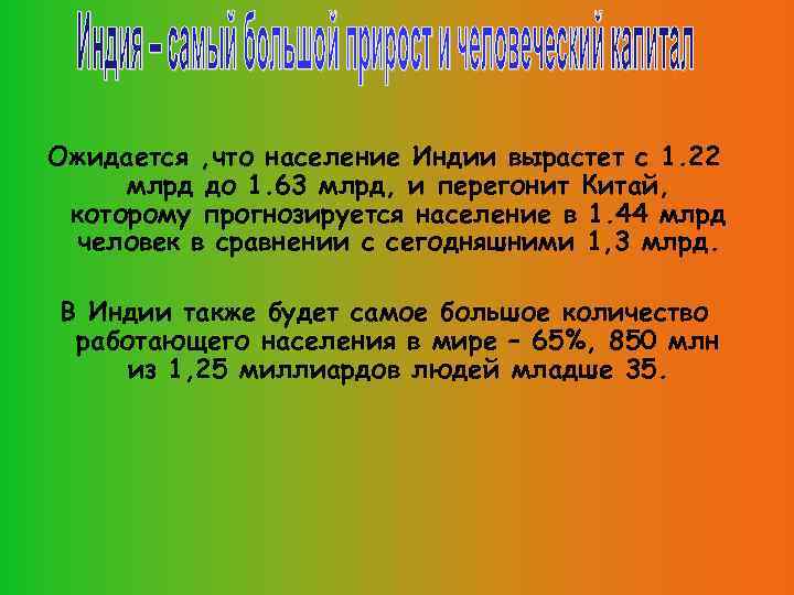 Ожидается , что население Индии вырастет с 1. 22 млрд до 1. 63 млрд,