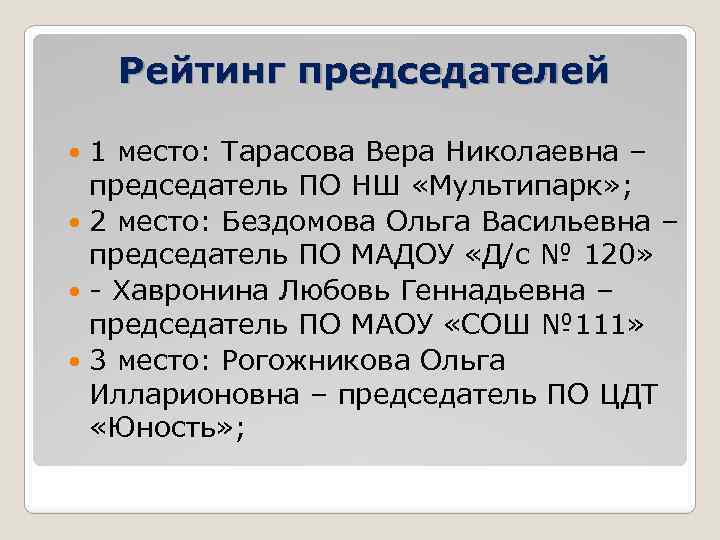 Рейтинг председателей 1 место: Тарасова Вера Николаевна – председатель ПО НШ «Мультипарк» ; 2