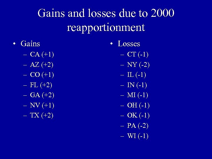 Gains and losses due to 2000 reapportionment • Gains – – – – CA