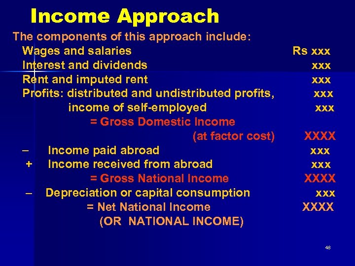 Income Approach The components of this approach include: Wages and salaries Interest and dividends