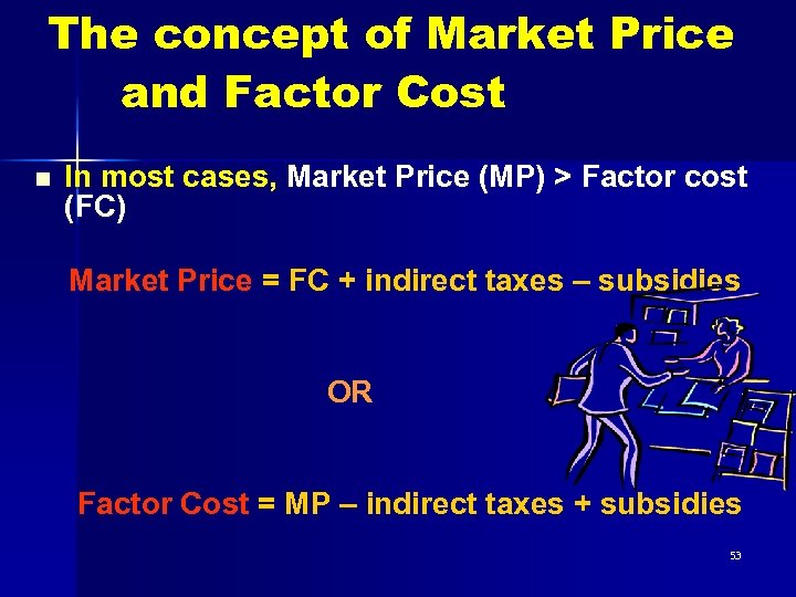 The concept of Market Price and Factor Cost n In most cases, Market Price