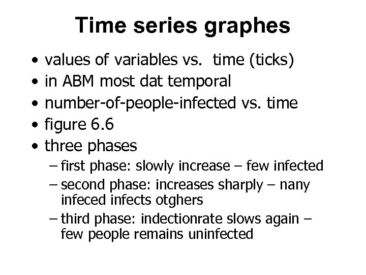 Time series graphes • • • values of variables vs. time (ticks) in ABM